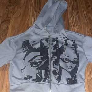Gray Cropped Grey Zip Up Hoodie with Artistic Face Print